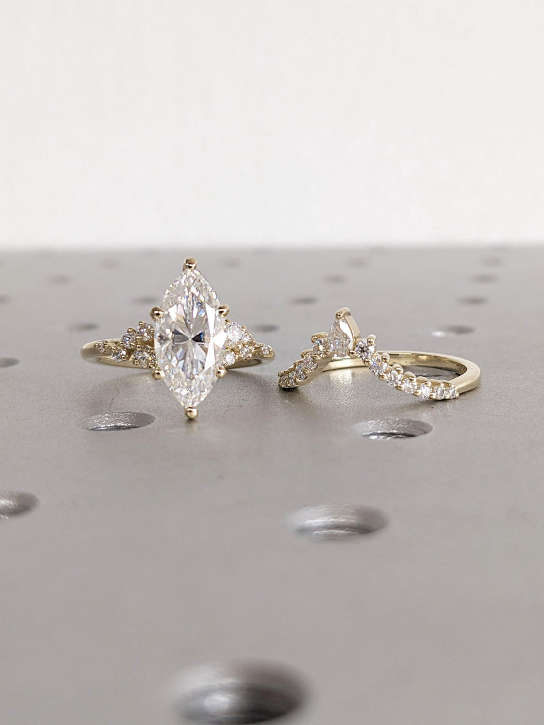 Marquise cut Moissanite Engagement Ring Set | Vintage Unique Solid Gold Engagement Ring Women | Marquise Moissanite and Diamond Wedding Promise Ring Gift