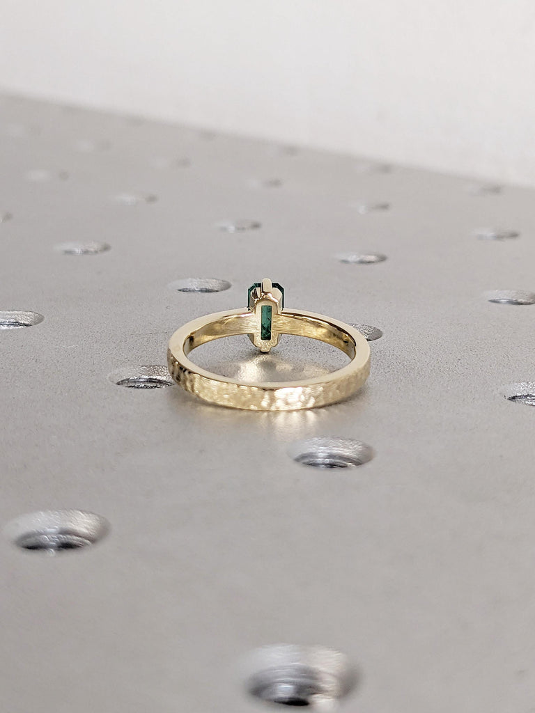 Natural Emerald Ring, Emerald Cut Engagement Ring, Gold Promise Ring for Her, Hammered Finished Ring, Birthstone Ring, Unique Solitaire Ring