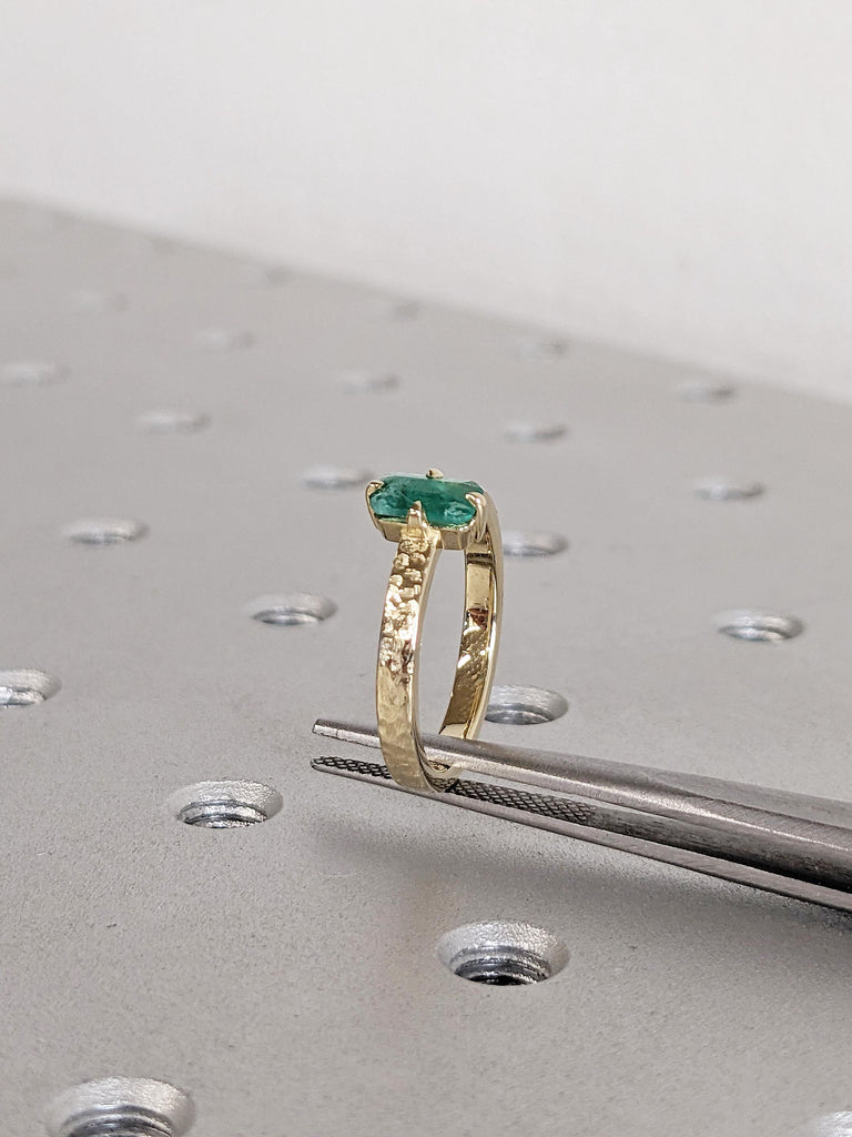 Vintage Emerald Ring, Natural Emerald Engagement Ring, Emerald Cut Ring, 14k Gold Hammered Ring, Gemstone Ring, Handmade Rings for Women