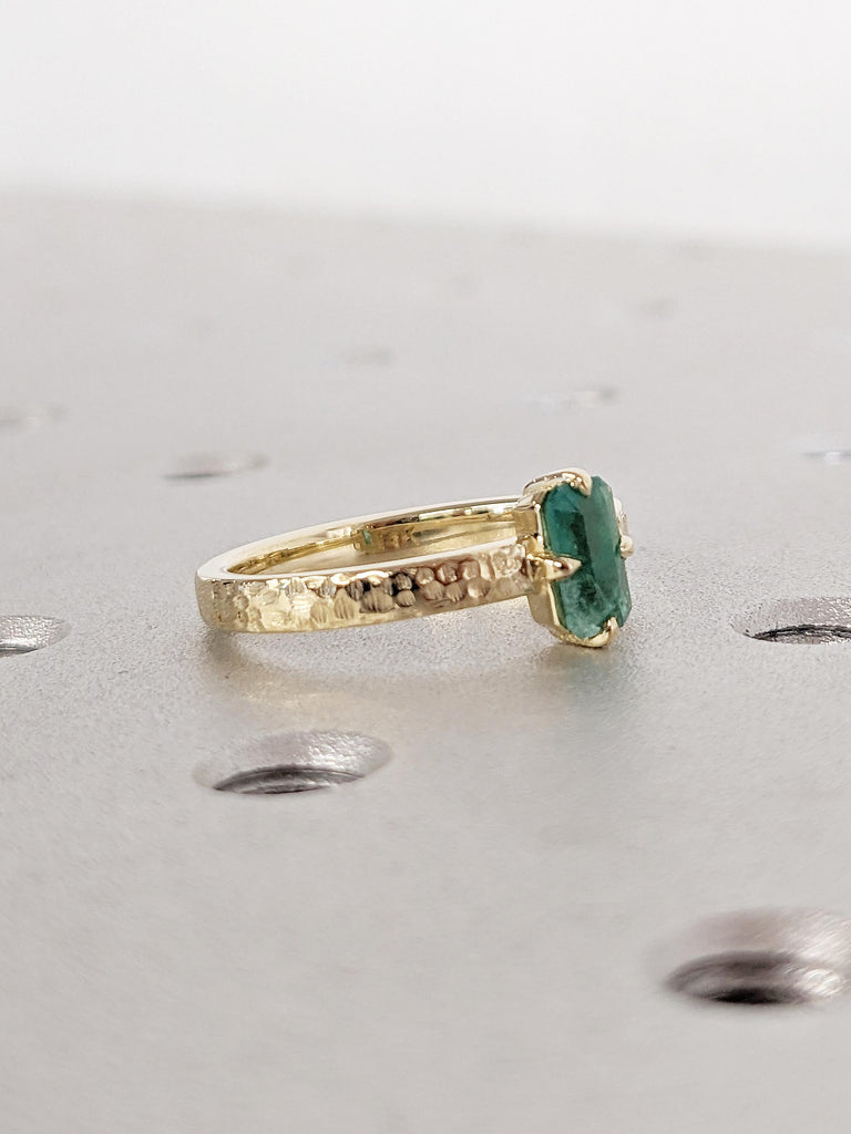 Natural Emerald Ring, Emerald Cut Engagement Ring, Gold Promise Ring for Her, Hammered Finished Ring, Birthstone Ring, Unique Solitaire Ring