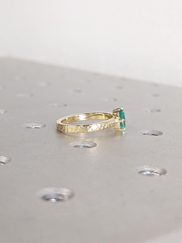 Vintage Emerald Ring, Natural Emerald Engagement Ring, Emerald Cut Ring, 14k Gold Hammered Ring, Gemstone Ring, Handmade Rings for Women