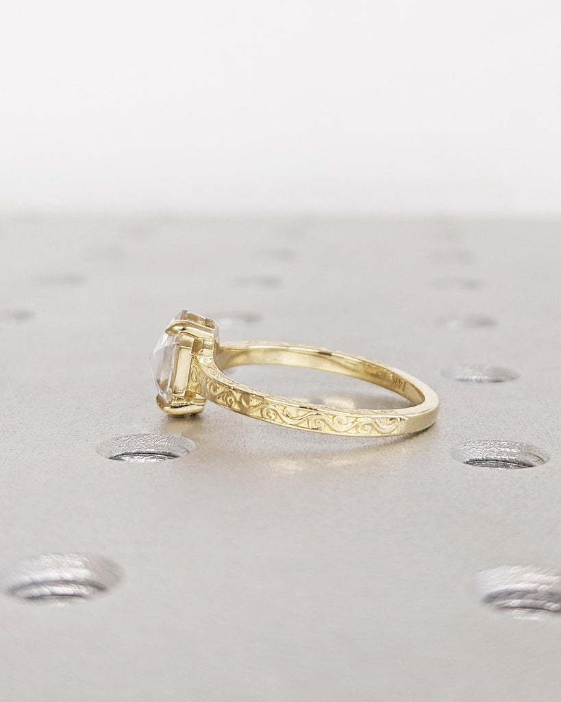 Hexagon Cut Moissanite Solitaire Vintage Inspired Engagement Ring | 14K Yellow Gold Filigree Engraving Wedding Band | Unique Gift for Her