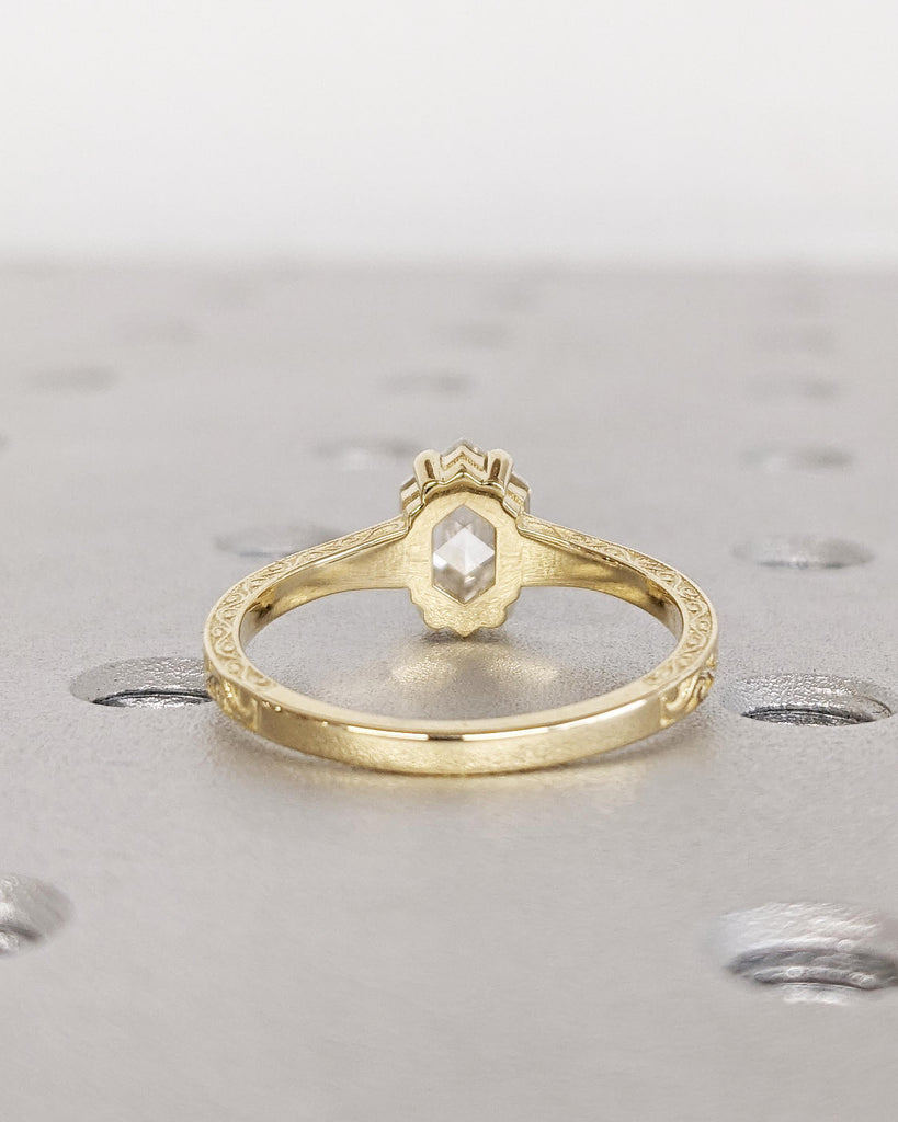 Hexagon Cut Moissanite Solitaire Vintage Inspired Engagement Ring | 14K Yellow Gold Filigree Engraving Wedding Band | Unique Gift for Her
