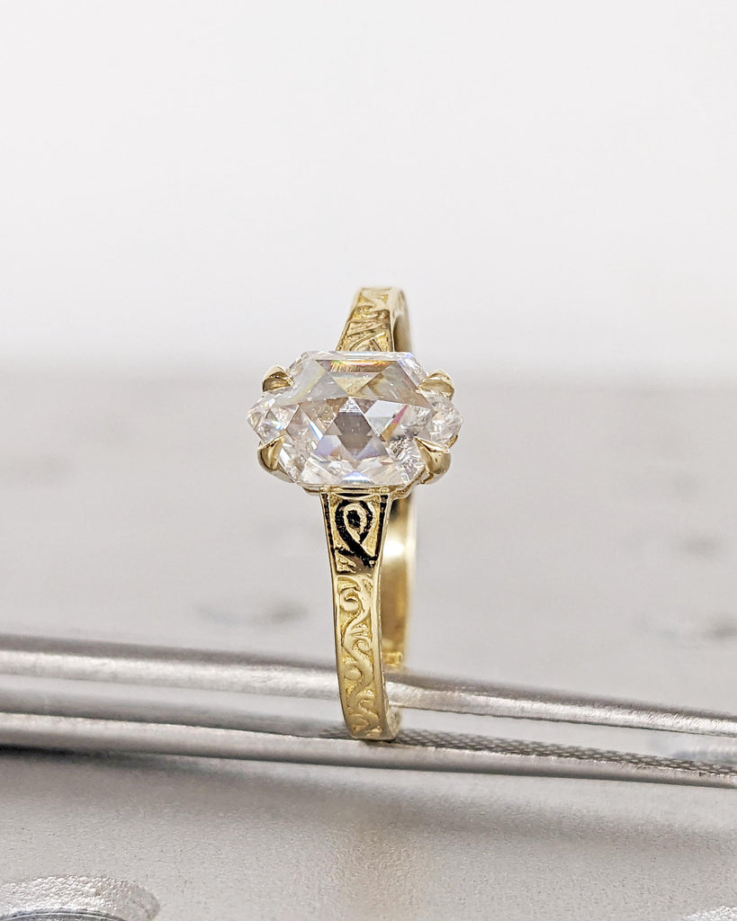 Hexagon Cut Moissanite Solitaire Vintage Inspired Engagement Ring | 14K Yellow Gold Filigree Engraving Wedding Band | Unique Gift for Her