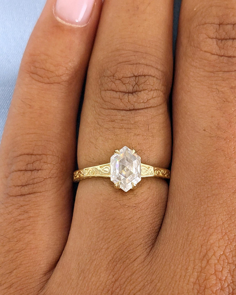 Hexagon Cut Moissanite Solitaire Vintage Inspired Engagement Ring | 14K Yellow Gold Filigree Engraving Wedding Band | Unique Gift for Her