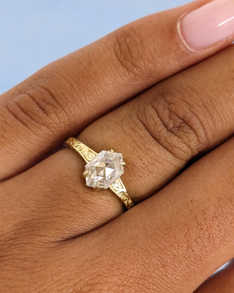 Hexagon Cut Moissanite Solitaire Vintage Inspired Engagement Ring | 14K Yellow Gold Filigree Engraving Wedding Band | Unique Gift for Her