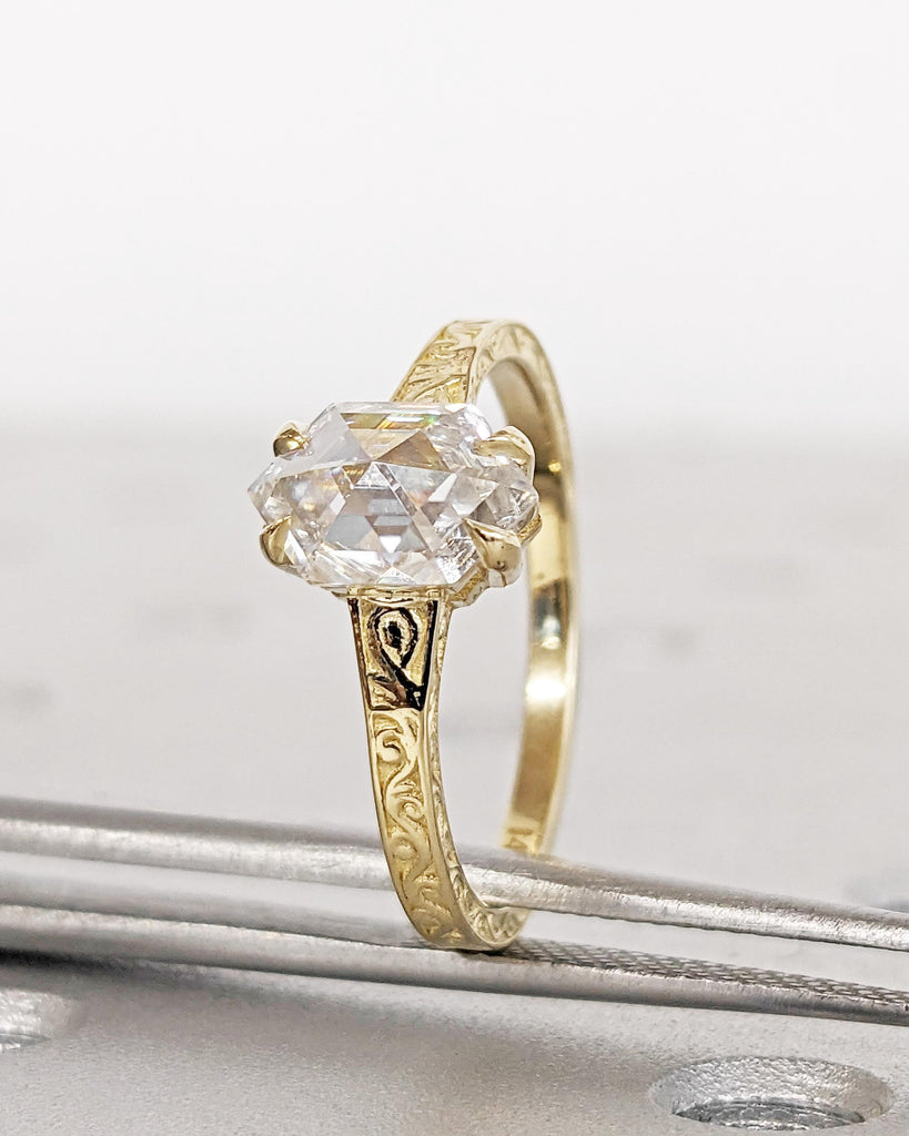 Hexagon Cut Lab Diamond Ring | Vintage Diamond Engagement Ring | 14K Gold Unique Classic Solitaire Engagement Ring Filigree Hand Carved Ring