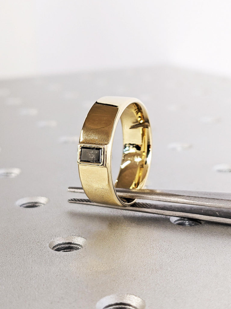 14K Yellow Gold Raw Salt & Pepper Diamond Wedding Band, Dainty Baguette Cut Diamond Ring, Solid Gold 7mm Band , Custom Men's Engagement Ring