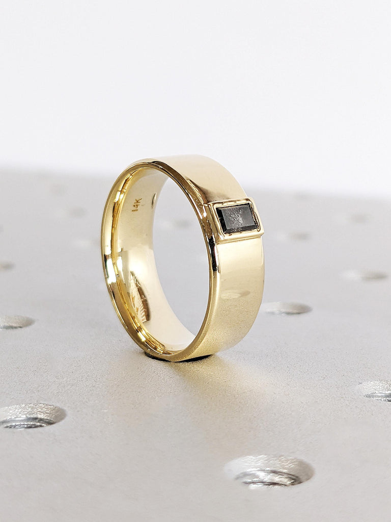 14K Yellow Gold Raw Salt & Pepper Diamond Wedding Band, Dainty Baguette Cut Diamond Ring, Solid Gold 7mm Band , Custom Men's Engagement Ring