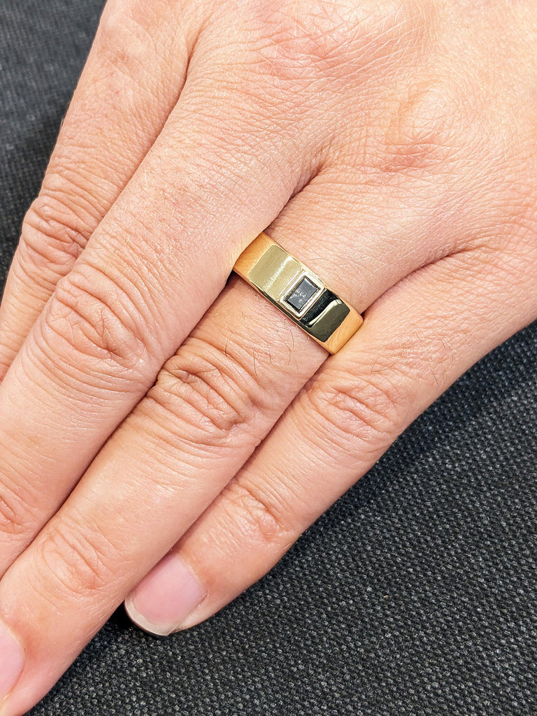 14K Yellow Gold Raw Salt & Pepper Diamond Wedding Band, Dainty Baguette Cut Diamond Ring, Solid Gold 7mm Band , Custom Men's Engagement Ring