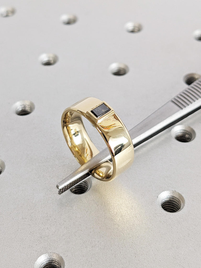 14K Yellow Gold Raw Salt & Pepper Diamond Wedding Band, Dainty Baguette Cut Diamond Ring, Solid Gold 7mm Band , Custom Men's Engagement Ring