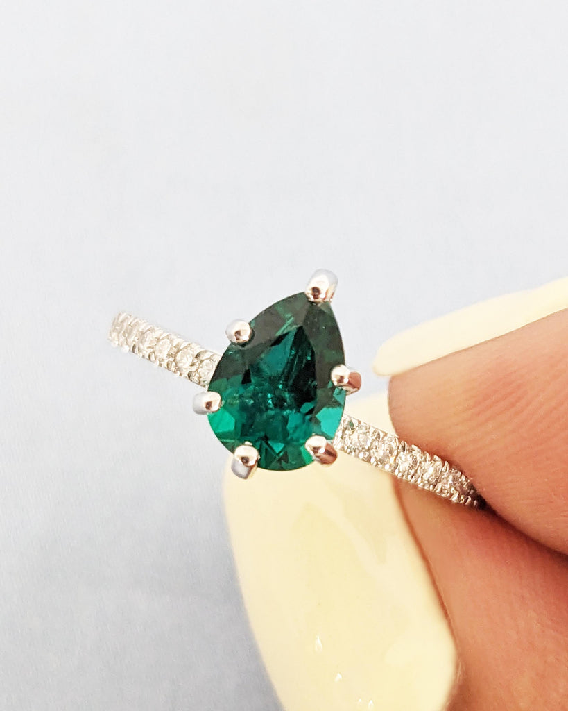 Art Deco Emerald Wedding Anniversary Ring for Her | Pear Cut Ring | 14K Solid White Gold Moissanite Eternity Band | Simple Promise Ring Gift