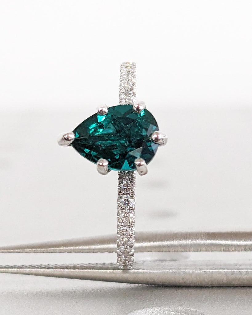 Art Deco Emerald Wedding Anniversary Ring for Her | Pear Cut Ring | 14K Solid White Gold Moissanite Eternity Band | Simple Promise Ring Gift