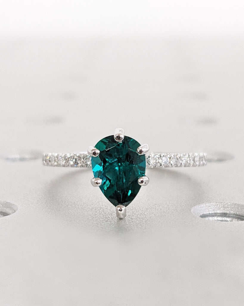 Art Deco Emerald Wedding Anniversary Ring for Her | Pear Cut Ring | 14K Solid White Gold Moissanite Eternity Band | Simple Promise Ring Gift