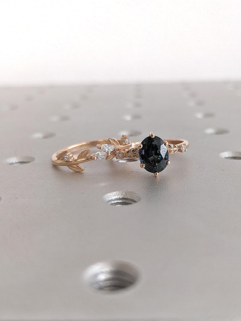 14k 18K Solid Gold Teal Sapphire Ring | Gold Flower Leaf Engagement Ring | Blue Green Stone Ring | Women Oval Solitaire Ring | Floral Ring Handmade Jewelry