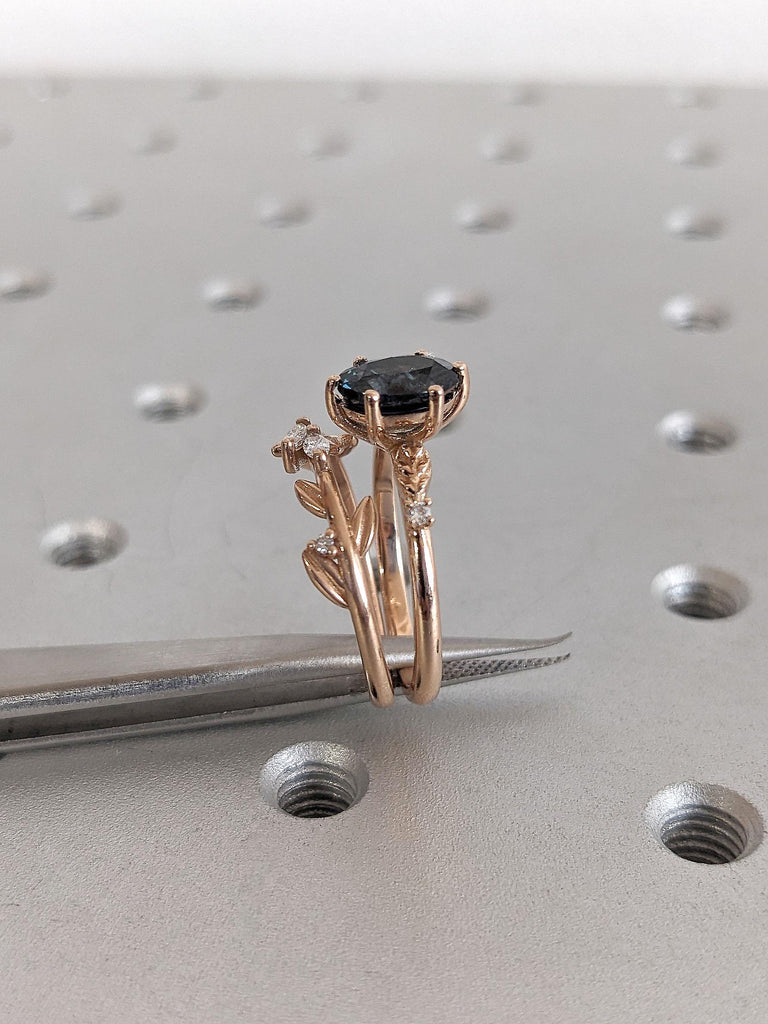 Unique Oval Cut Green Sapphire Engagement Ring Set | Rose Gold Nature inspired Leaf Ring | Dainty Sapphire Ring | Promise Rings For Her
