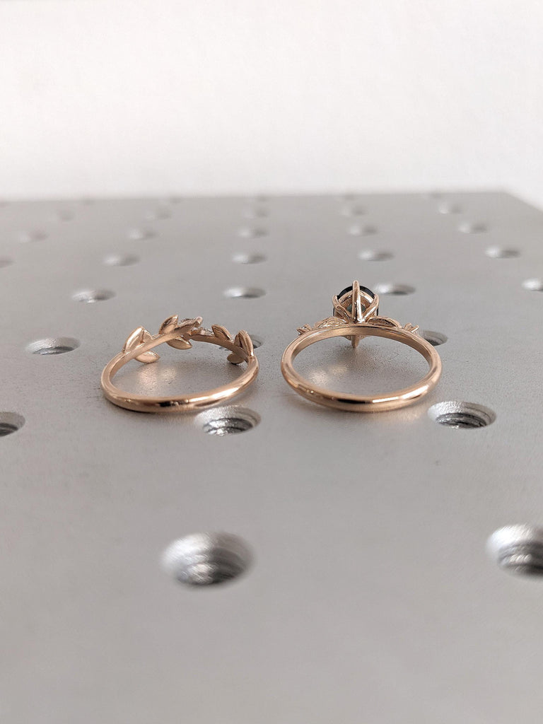 Rose Gold Nature inspired Leaf Ring | Dainty Sapphire Ring | Unique Oval Cut Green Sapphire Engagement Ring Set | Promise Rings For Her