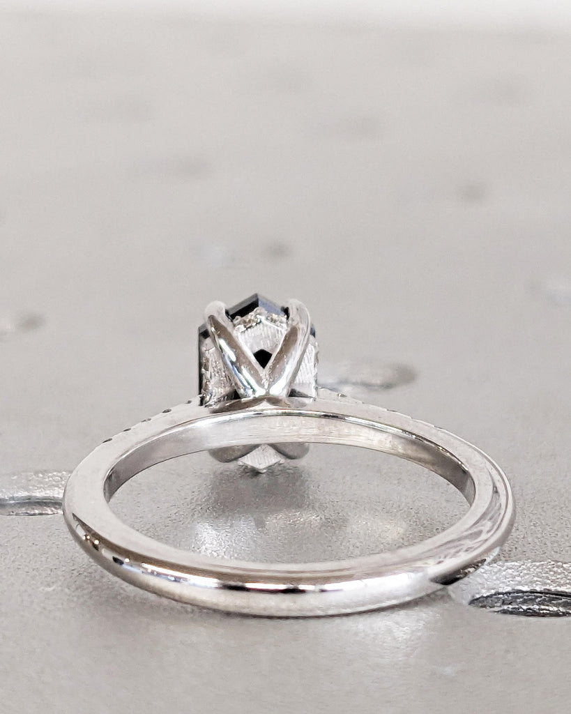 Vintage Solitaire Salt and Pepper Diamond Engagement Ring, Hidden Halo Hexagon Cut Diamond Wedding Ring, 14K Gold Half Eternity Promise Ring