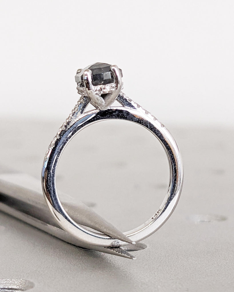 Vintage Solitaire Salt and Pepper Diamond Engagement Ring, Hidden Halo Hexagon Cut Diamond Wedding Ring, 14K Gold Half Eternity Promise Ring