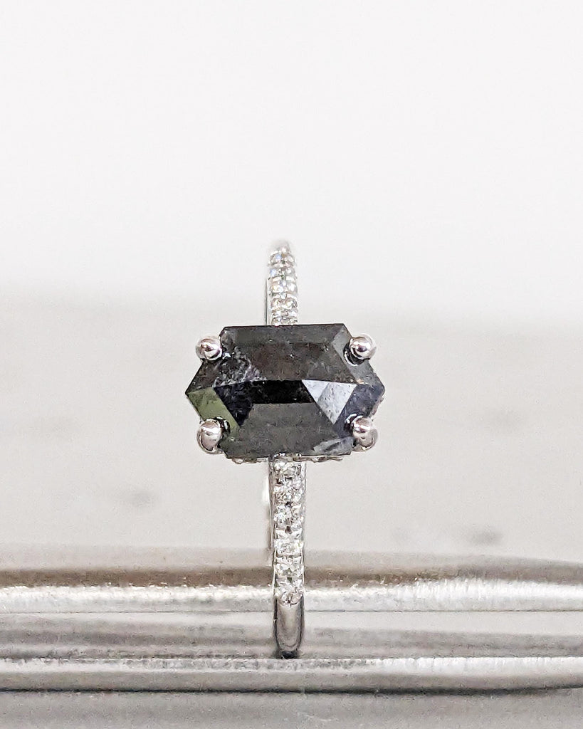 Dainty Hidden Halo Diamond Engagement Ring, Elongated Hexagon Cut Salt and Pepper Diamond Ring, Pavé Half Eternity Band Diamond Wedding Ring, 14K White Gold Ring, Anniversary Gift for Her