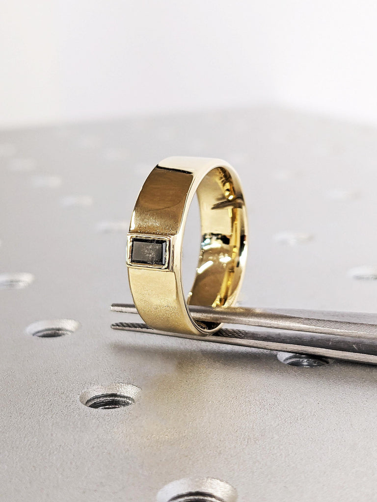 Baguette Cut Salt and Pepper Diamond Gold Ring, 14K Solid Gold Yellow Gold Classic Men's Engagement Ring, Dainty Galaxy Diamond Wedding Ring