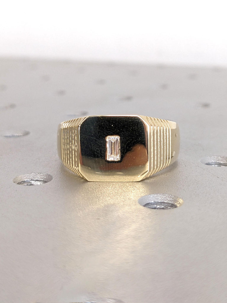 14k Solid Yellow Gold Flat Wedding Band | Bold 8mm Wedding Ring for Men | Baguette Diamond Wide Wedding Band | Modern Gold Band for Him