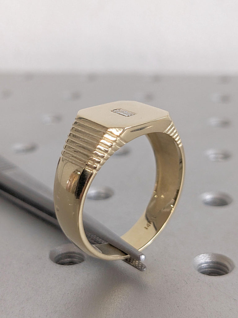 14k Solid Yellow Gold Flat Wedding Band | Bold 8mm Wedding Ring for Men | Baguette Diamond Wide Wedding Band | Modern Gold Band for Him