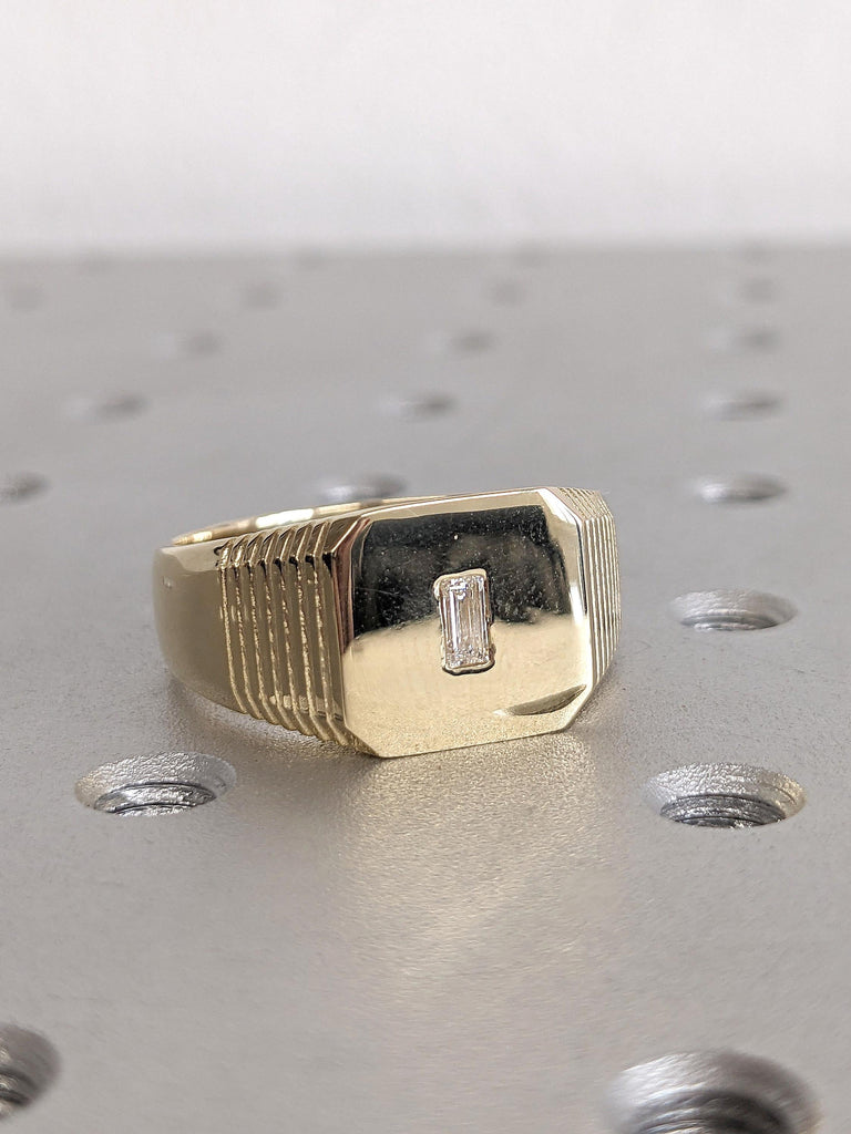 14k Solid Yellow Gold Flat Wedding Band | Bold 8mm Wedding Ring for Men | Baguette Diamond Wide Wedding Band | Modern Gold Band for Him