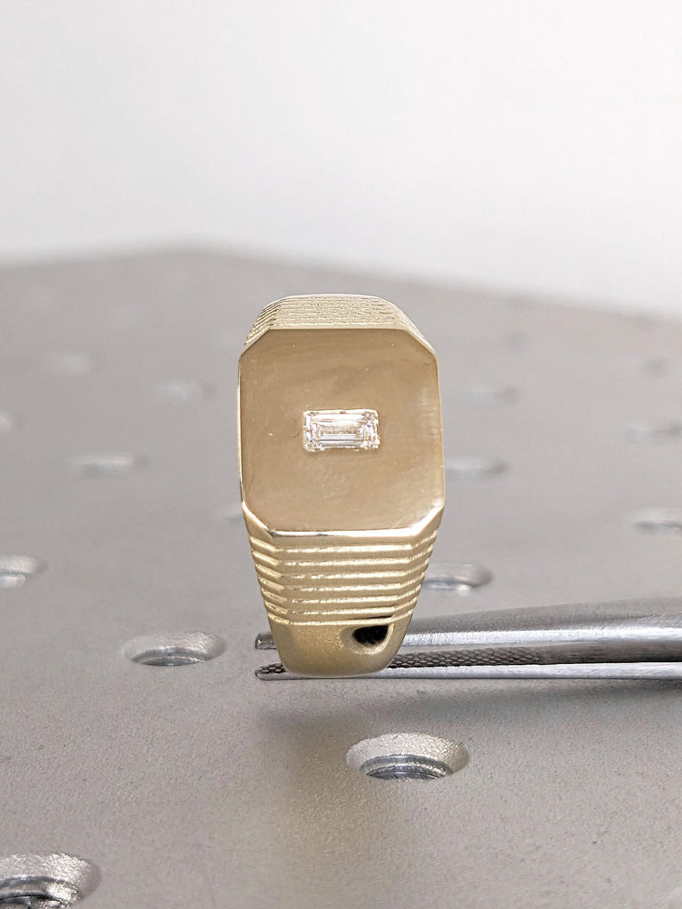 14k Solid Yellow Gold Flat Wedding Band / 14k Yellow Gold 8mm Wedding Ring for Men / Baguette Diamond Wide Gold Wedding Band in 14k, 18k