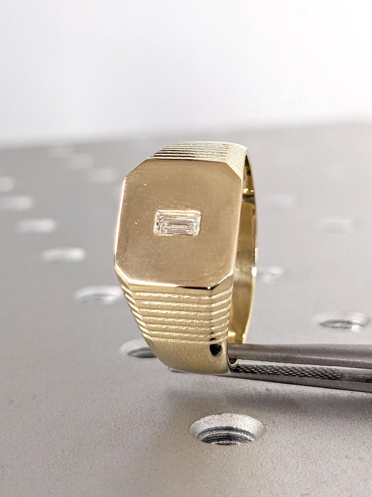 Personalized Men Signet Ring | 14k Yellow Gold Diamond Men Band Rectangle Signet Ring | Gold Square Ring | Pinky Ring | Custom Ring For Him