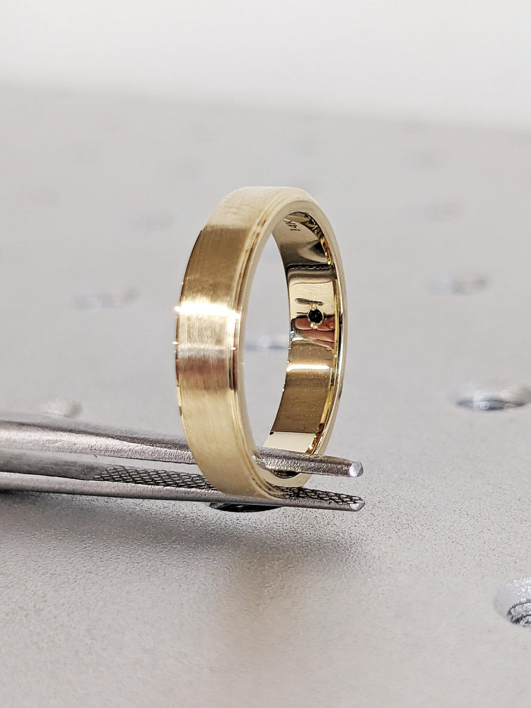 Classic 14K Solid Yellow Gold Round Tourmaline Wedding Band, Hidden Green Tourmaline Stepped Men's Ring, Brushed Top Custom Engagement Ring