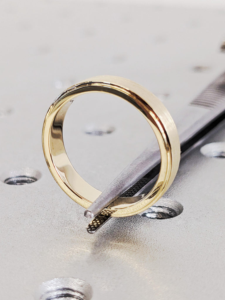 Classic 14K Solid Yellow Gold Round Tourmaline Wedding Band, Hidden Green Tourmaline Stepped Men's Ring, Brushed Top Custom Engagement Ring
