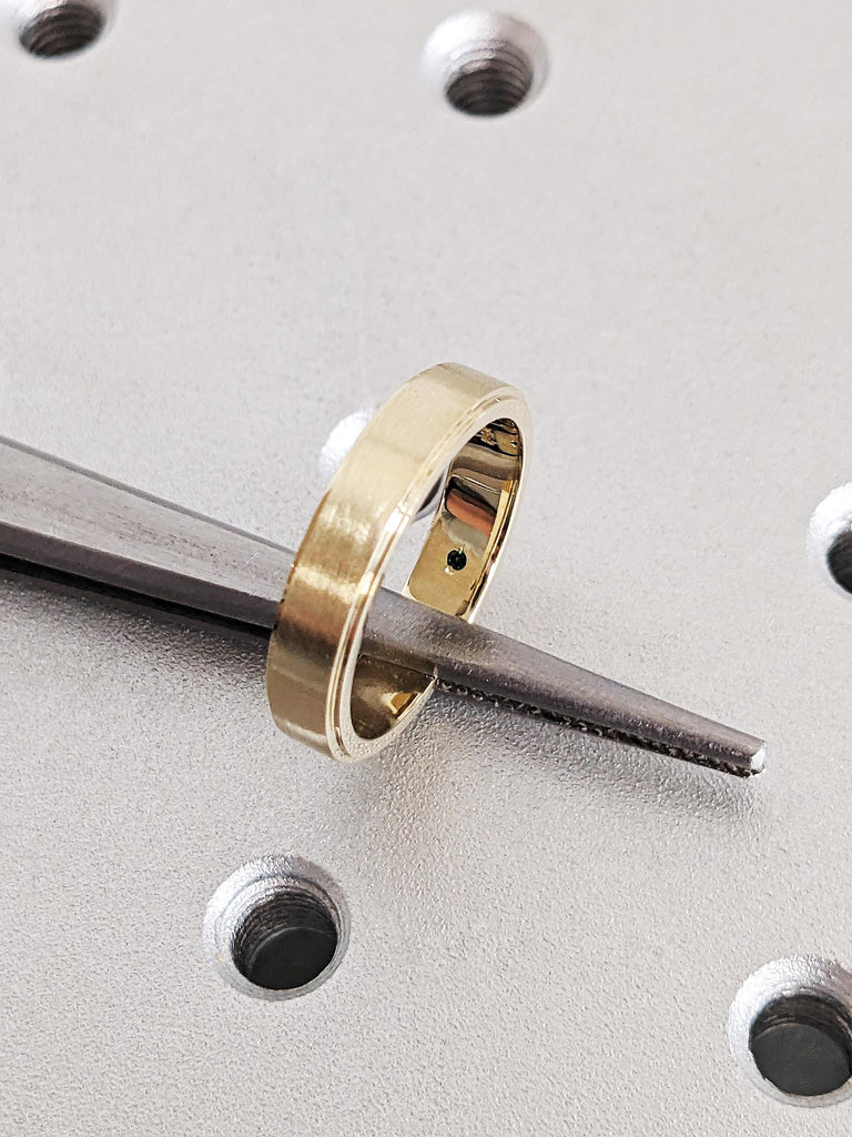 Classic 14K Solid Yellow Gold Round Tourmaline Wedding Band, Hidden Green Tourmaline Stepped Men's Ring, Brushed Top Custom Engagement Ring