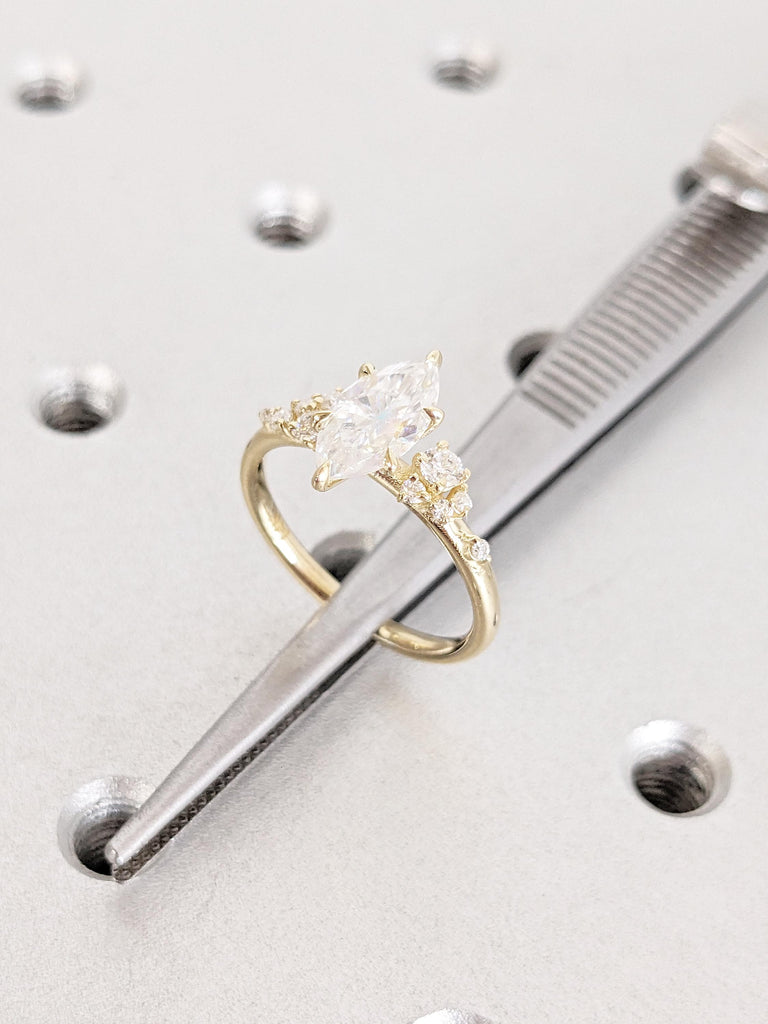 Moissanite Rings for Women, Marquise Engagement Ring, 14k Gold Promise Ring for Her, Handmade Rings, Art Deco Snowdrift Diamond Cluster Ring