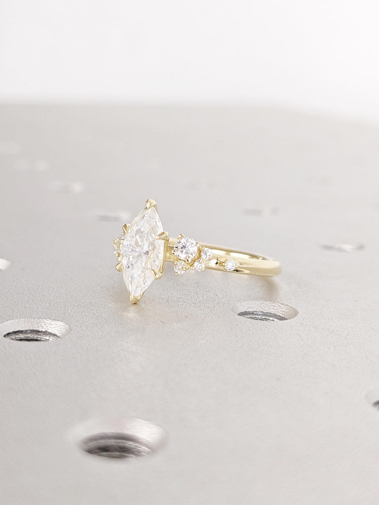 Art Deco Lab Grown Diamond Engagement Ring, Dainty Solid Gold Ring, Snowdrift Diamond Cluster Ring, Marquise Cut Ring, Bridal Gift for Her