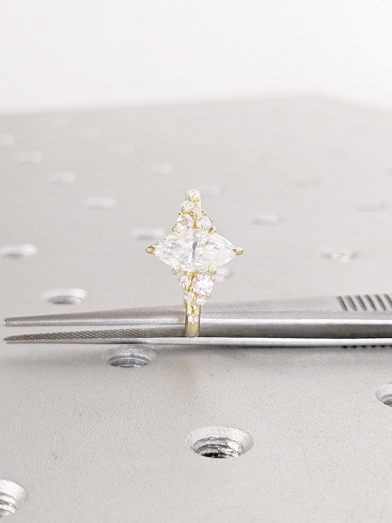Art Deco Lab Grown Diamond Engagement Ring, Dainty Solid Gold Ring, Snowdrift Diamond Cluster Ring, Marquise Cut Ring, Bridal Gift for Her