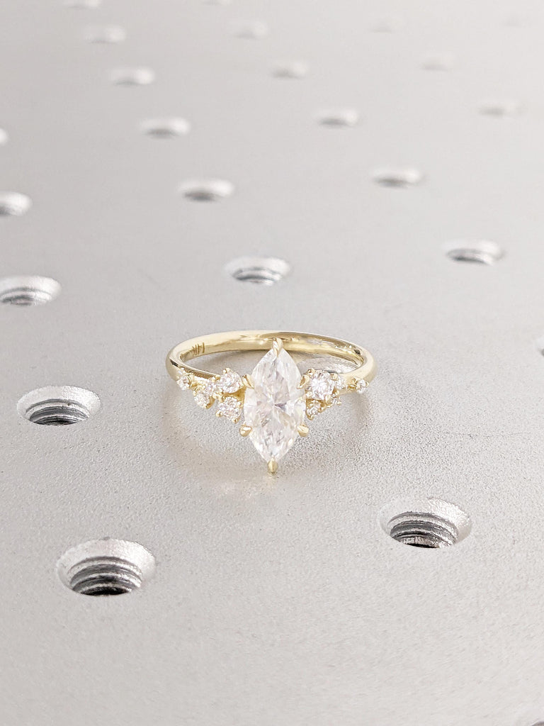 1ct Lab Grown Diamond Engagement Ring, Art Deco 14k Yellow Gold Wedding Ring, Marquise Cut Diamond Ring, Unique Snowdrift Lab Diamond Ring