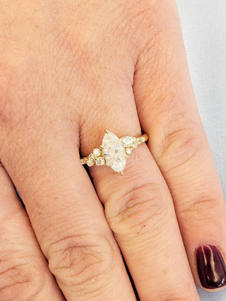 1ct Lab Grown Diamond Engagement Ring, Art Deco 14k Yellow Gold Wedding Ring, Marquise Cut Diamond Ring, Unique Snowdrift Lab Diamond Ring