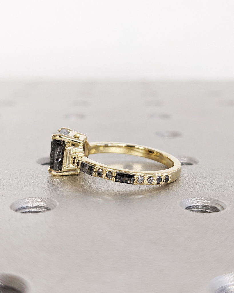 Vintage Engagement Ring, Galaxy Salt and Pepper Diamond Ring, Art Deco, Emerald Cut and Baguette Diamond Ring, 14K Yellow Gold, Gift for Her
