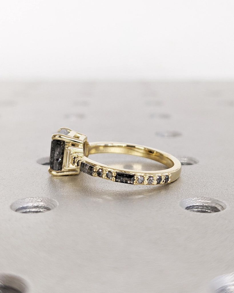 Raw Diamond Emerald Baguette Diamond, Geometric Galaxy Salt and Pepper Diamond Ring, Unique Engagement Ring, 14k Gold, Custom Art Deco Ring