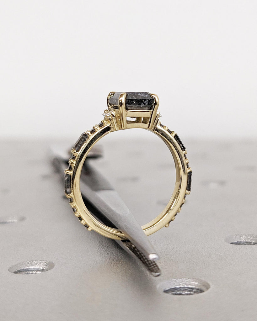 Vintage Engagement Ring, Galaxy Salt and Pepper Diamond Ring, Art Deco, Emerald Cut and Baguette Diamond Ring, 14K Yellow Gold, Gift for Her