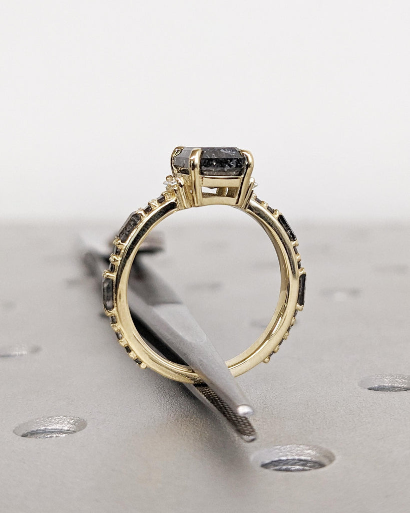 Raw Diamond Emerald Baguette Diamond, Geometric Galaxy Salt and Pepper Diamond Ring, Unique Engagement Ring, 14k Gold, Custom Art Deco Ring