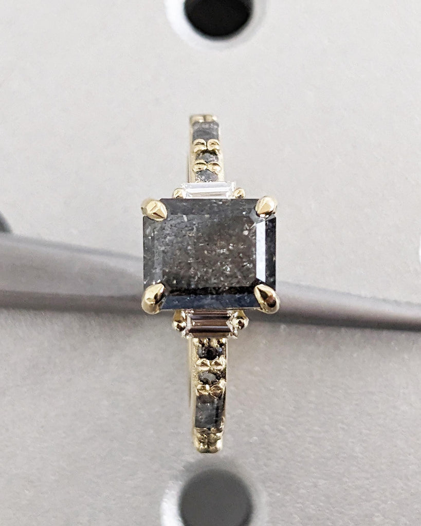 Raw Diamond Emerald Baguette Diamond, Geometric Galaxy Salt and Pepper Diamond Ring, Unique Engagement Ring, 14k Gold, Custom Art Deco Ring