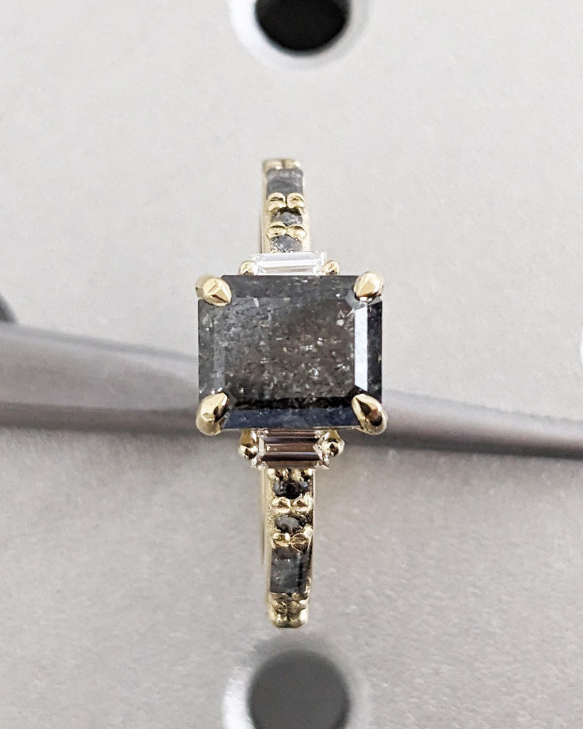 Vintage Engagement Ring, Galaxy Salt and Pepper Diamond Ring, Art Deco, Emerald Cut and Baguette Diamond Ring, 14K Yellow Gold, Gift for Her