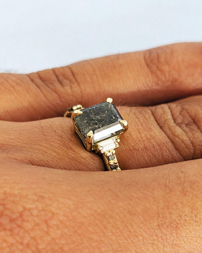 Raw Diamond Emerald Baguette Diamond, Geometric Galaxy Salt and Pepper Diamond Ring, Unique Engagement Ring, 14k Gold, Custom Art Deco Ring