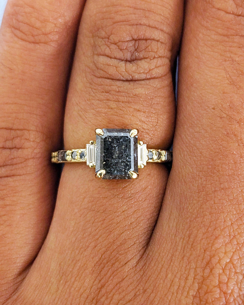 Raw Diamond Emerald Baguette Diamond, Geometric Galaxy Salt and Pepper Diamond Ring, Unique Engagement Ring, 14k Gold, Custom Art Deco Ring