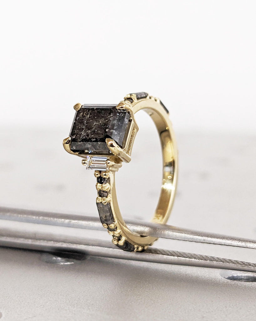 Raw Diamond Emerald Baguette Diamond, Geometric Galaxy Salt and Pepper Diamond Ring, Unique Engagement Ring, 14k Gold, Custom Art Deco Ring