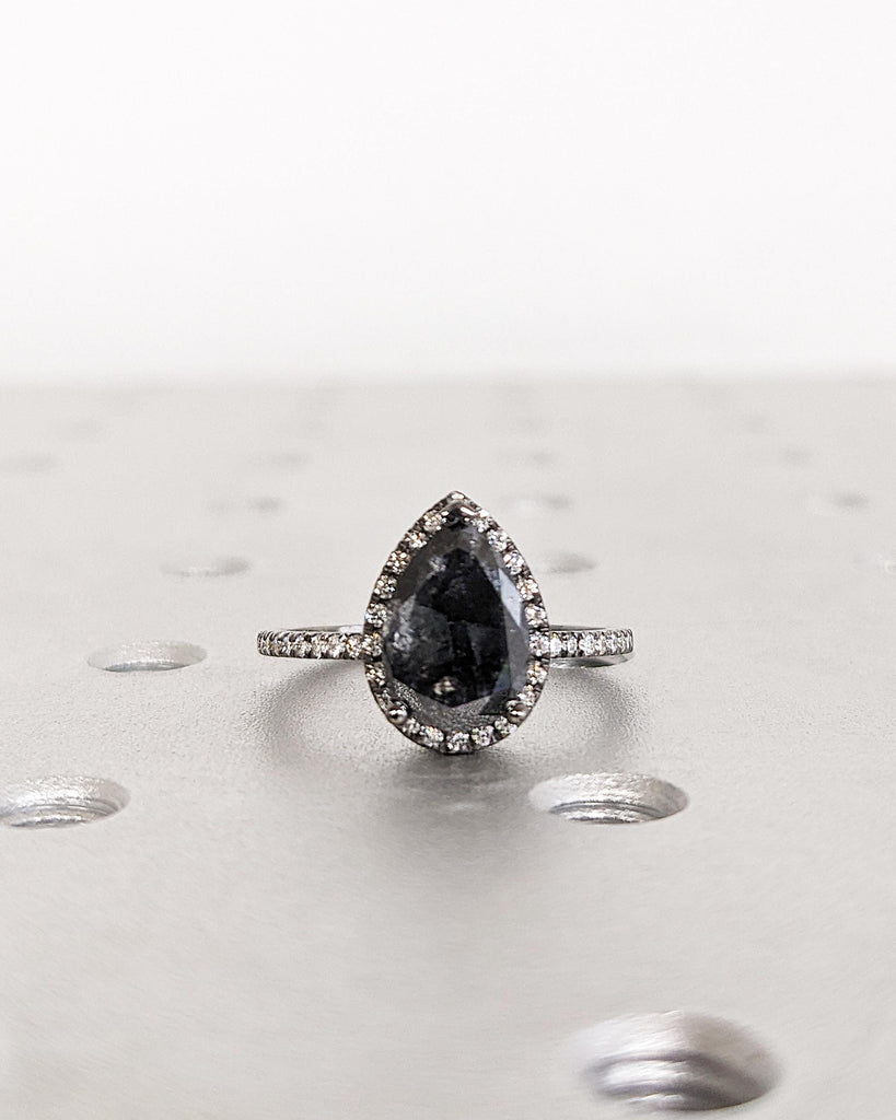 1920's Raw Salt and Pepper Diamond Halo | Galaxy Gray Pear Diamond Halo Ring | Unique Engagement Ring | Half Eternity Band | 14k Black Gold