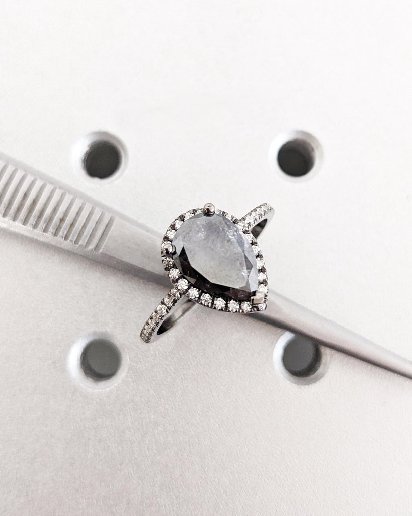1920's Raw Salt and Pepper Diamond Halo | Galaxy Gray Pear Diamond Halo Ring | Unique Engagement Ring | Half Eternity Band | 14k Black Gold