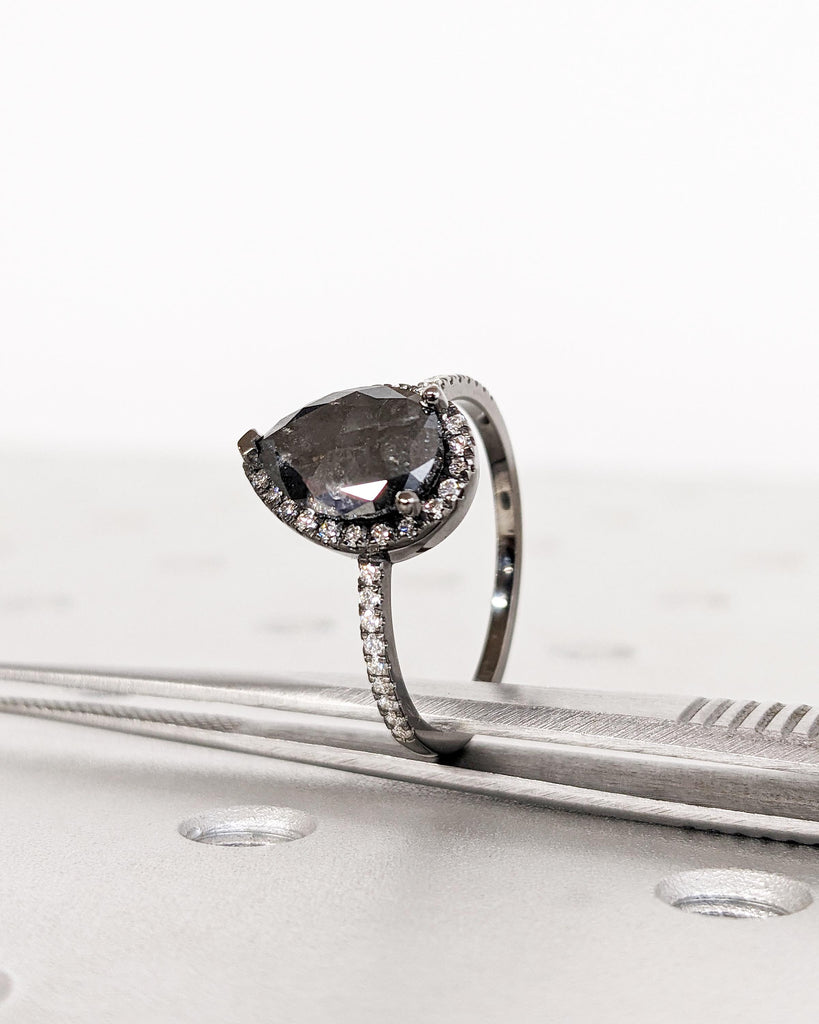 1920's Raw Salt and Pepper Diamond Halo | Galaxy Gray Pear Diamond Halo Ring | Unique Engagement Ring | Half Eternity Band | 14k Black Gold